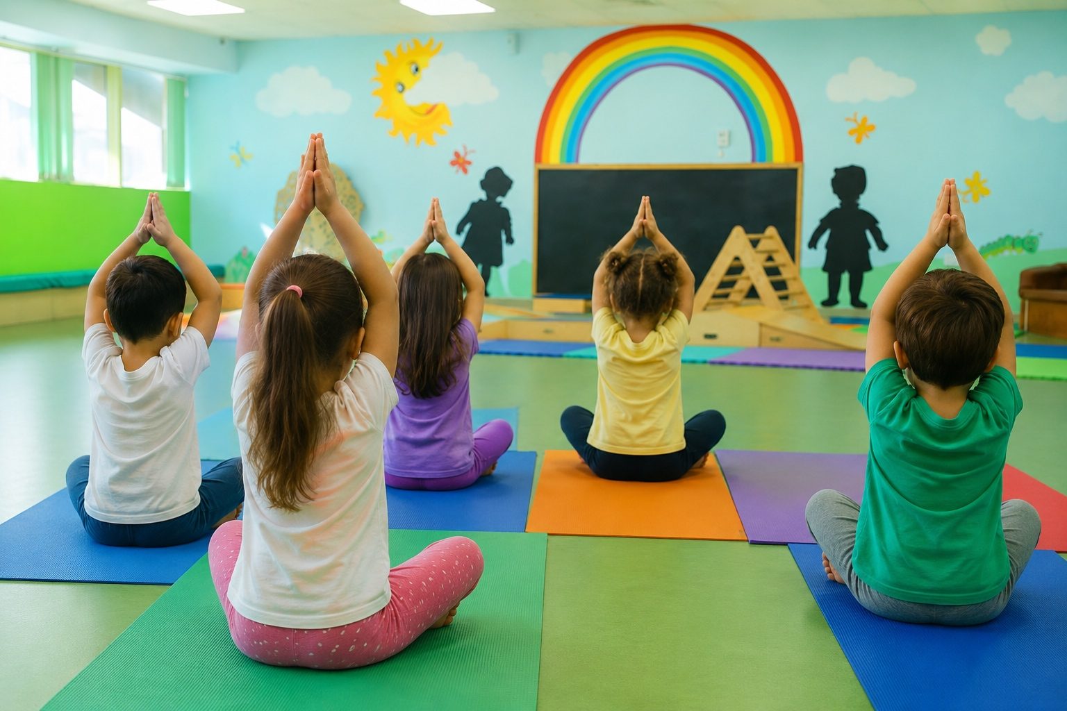 Children sitting cross-legged on coloured mats in an after-nursery yoga session, hands raised together above their heads