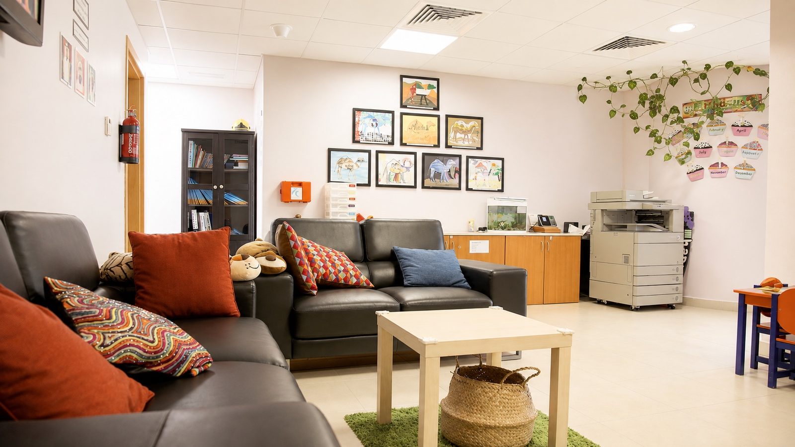 The Mosaic Nursery reception and parent waiting area, with sofas, framed children's paintings and a child-height table and chairs
