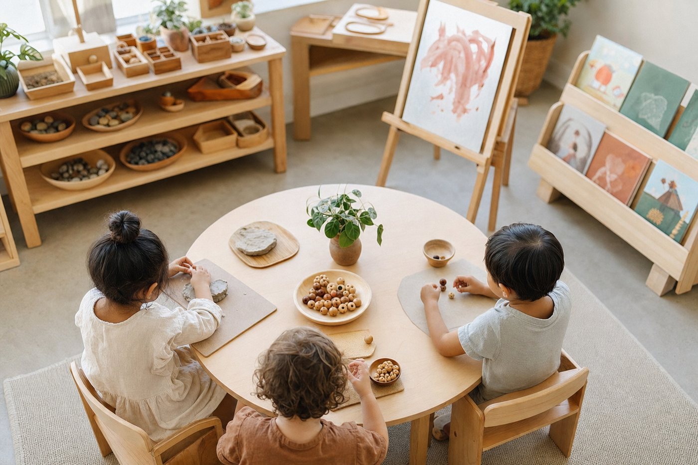 The Preschool room with an investigation table, block area and easels beside a window